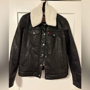 Levi's Black Leather Jacket with White Shearling Collar